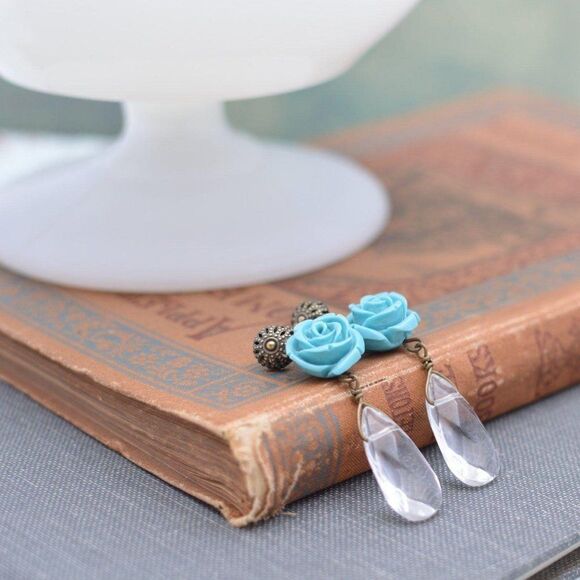 Turquoise Rose Earrings with Crystal Teardrops - Picture 4 of 5